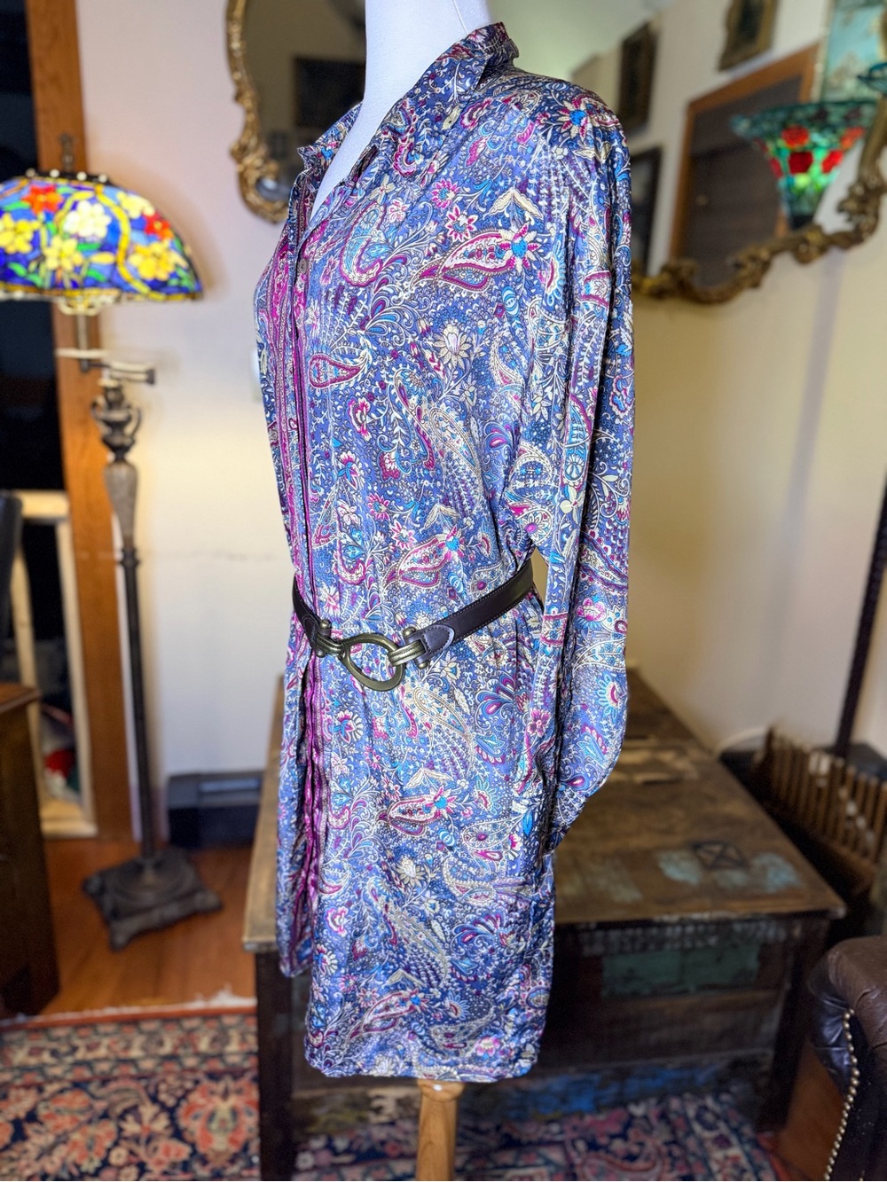 Summer Bright Paisley Button-Front Shirt Dress w/Leather Belt w/Metal Bucke - Picture 4 of 12